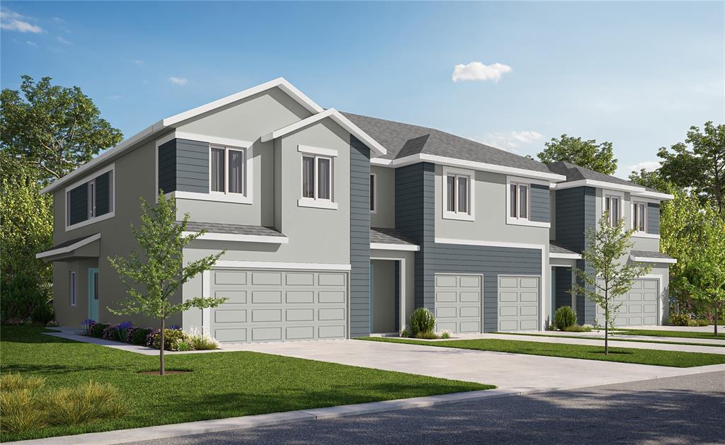 A digital rendering of a multi-unit townhouse building with gray siding and attached garages — 5833 JACKIE MAE PLACE, RIVERVIEW, FL