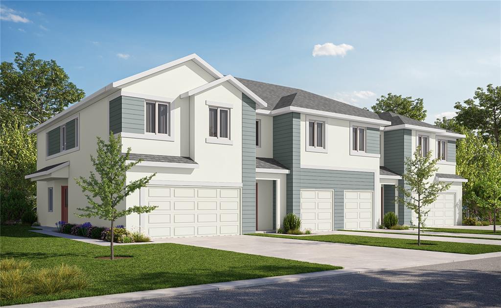 A digital rendering of a multi-unit townhouse complex featuring white stucco and blue siding — 5833 JACKIE MAE PLACE, RIVERVIEW, FL