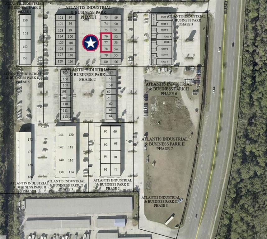 This is an aerial site map of the Atlantis Industrial and Business Park — 2323 N STATE STREET UNIT 76, BUNNELL, FL
