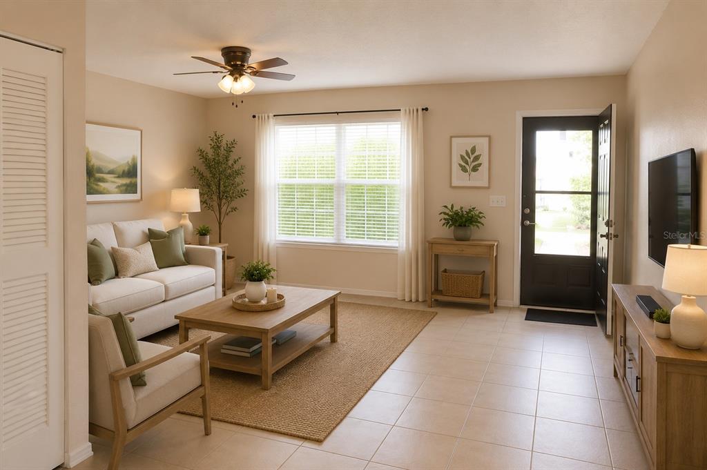 A living room features a sofa, armchair, coffee table, television, and a black front door — 29 W COUNTRY COVE WAY UNIT 29, KISSIMMEE, FL