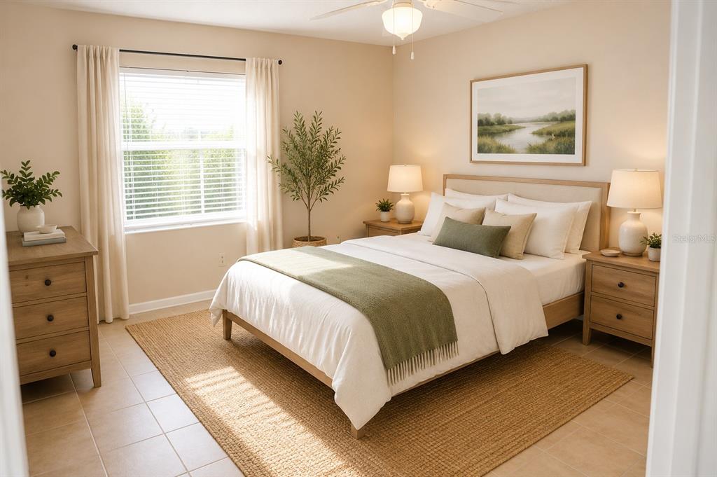 A bedroom features a queen bed, light wood furniture, a jute rug, and a window — 29 W COUNTRY COVE WAY UNIT 29, KISSIMMEE, FL