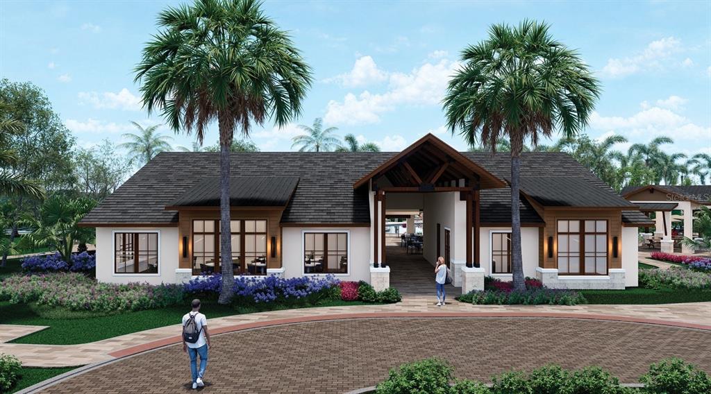 A digital rendering shows the exterior of a community clubhouse with palm trees and landscaping — 13092 CAMELOT LANE, PUNTA GORDA, FL