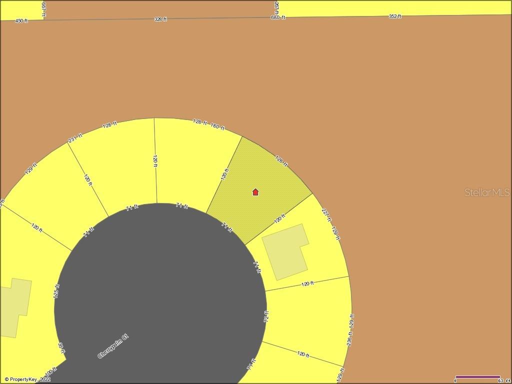 This is a property map showing a residential lot highlighted in yellow on a cul-de-sac — 36 CHERRYPALM COURT, HOMOSASSA, FL
