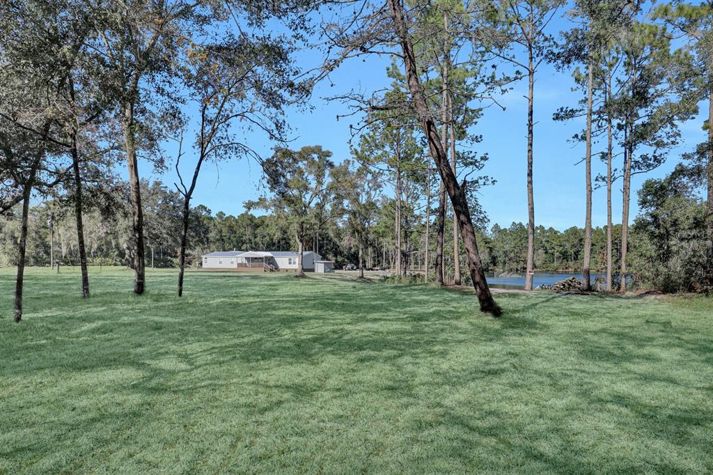 A grassy yard leads to a manufactured home situated near a pond and mature trees — 141 WOODS ROAD, SAN MATEO, FL