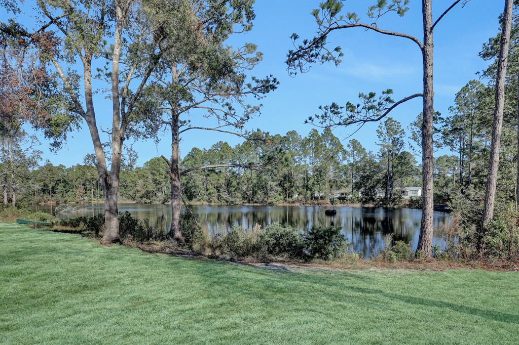 A grassy lawn overlooks a calm pond surrounded by tall pine trees under a blue sky — 141 WOODS ROAD, SAN MATEO, FL