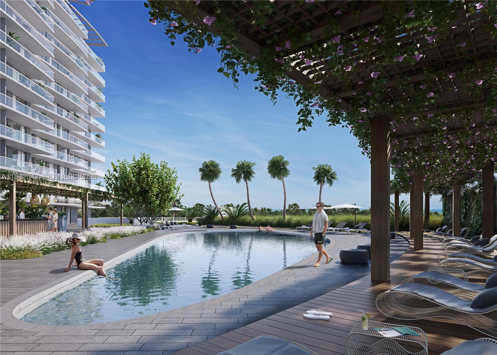 This rendering shows a swimming pool area with lounge chairs, a pergola, and palm trees — 13899 Biscayne Blvd, North Miami Beach FL 33181, NORTH MIAMI BEACH, FL