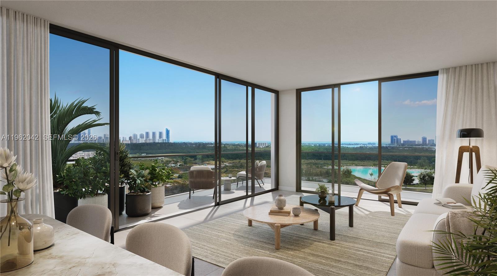 This rendering shows a modern living room with floor-to-ceiling windows and a balcony view — 13899 Biscayne Blvd, North Miami Beach FL 33181, NORTH MIAMI BEACH, FL