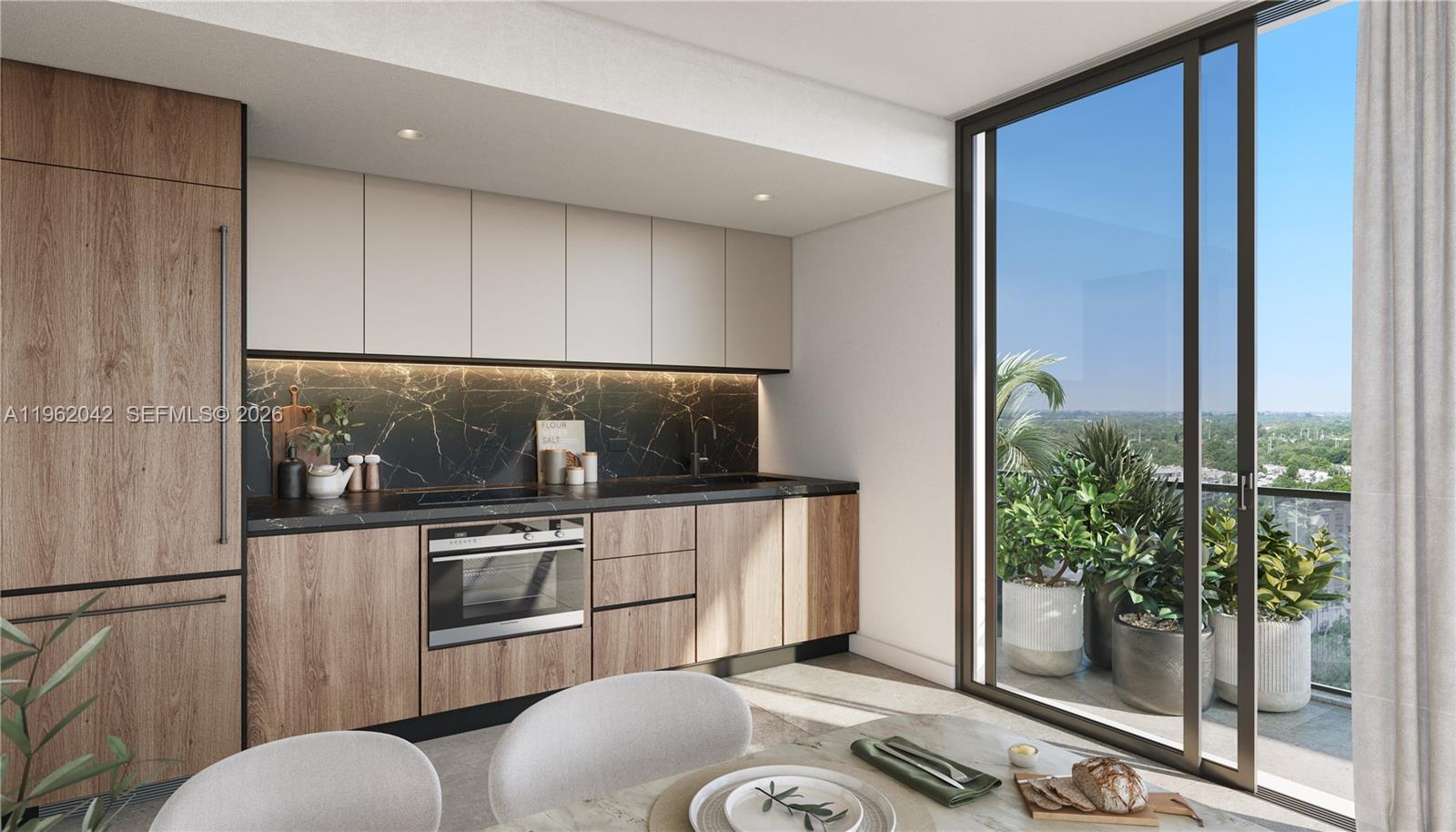 This rendering shows a modern kitchen with wood cabinets, black marble countertops, and a balcony — 13899 Biscayne Blvd, North Miami Beach FL 33181, NORTH MIAMI BEACH, FL