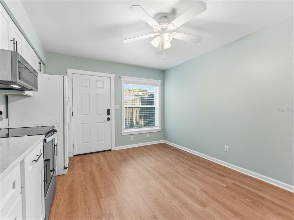 A kitchen area features light green walls, wood-look flooring, a ceiling fan, and a white door — 4233 LA SORRENTO COURT, TAMPA, FL