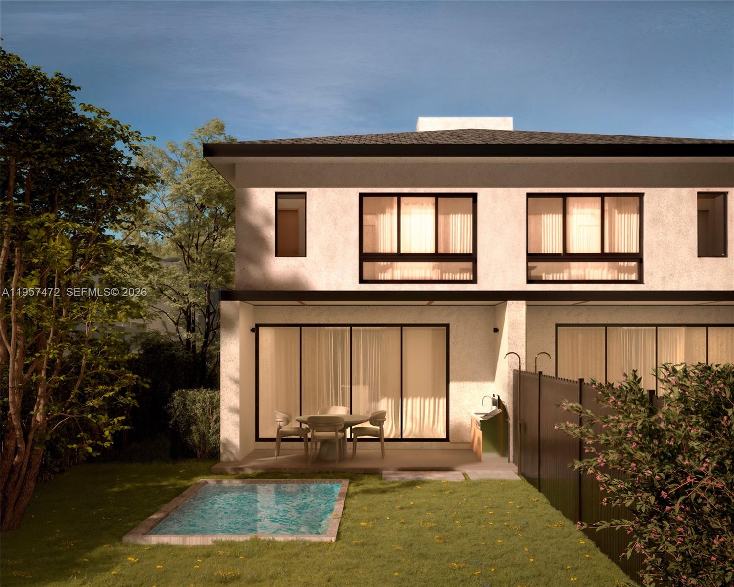 This rendering shows the rear exterior of a two-story townhouse with a small pool — 1017 SW 13th Ct, Miami FL 33135, MIAMI, FL