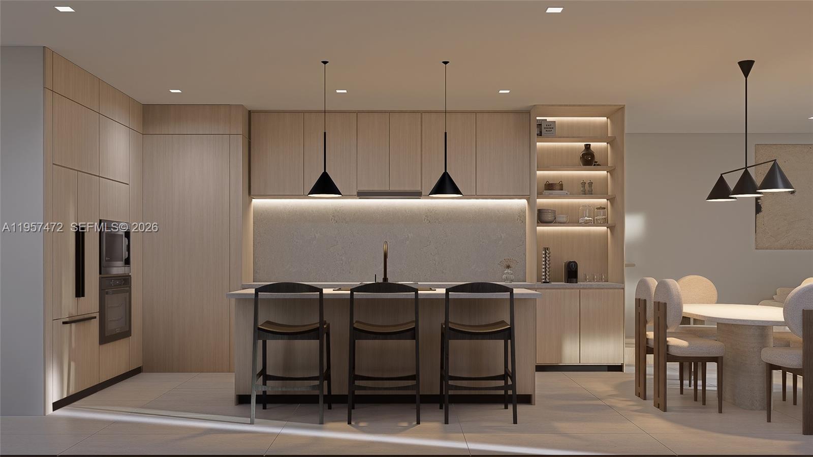 This rendering shows a modern kitchen with light wood cabinetry, a central island, and barstools — 1017 SW 13th Ct, Miami FL 33135, MIAMI, FL