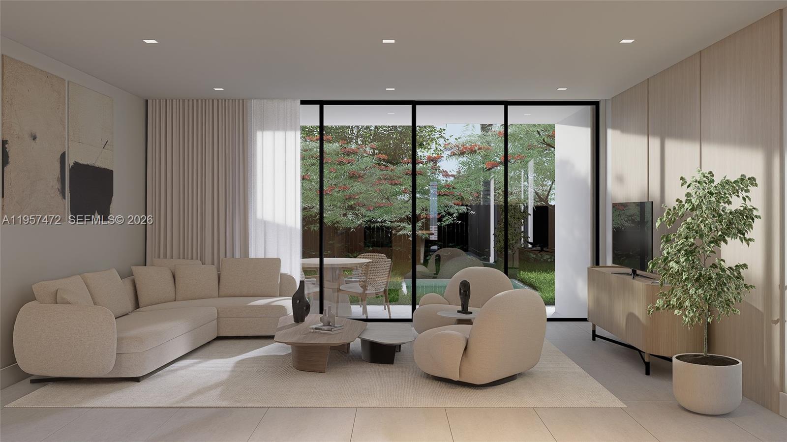 This rendering shows a modern living room with a sectional sofa, armchairs, and floor-to-ceiling windows — 1017 SW 13th Ct, Miami FL 33135, MIAMI, FL