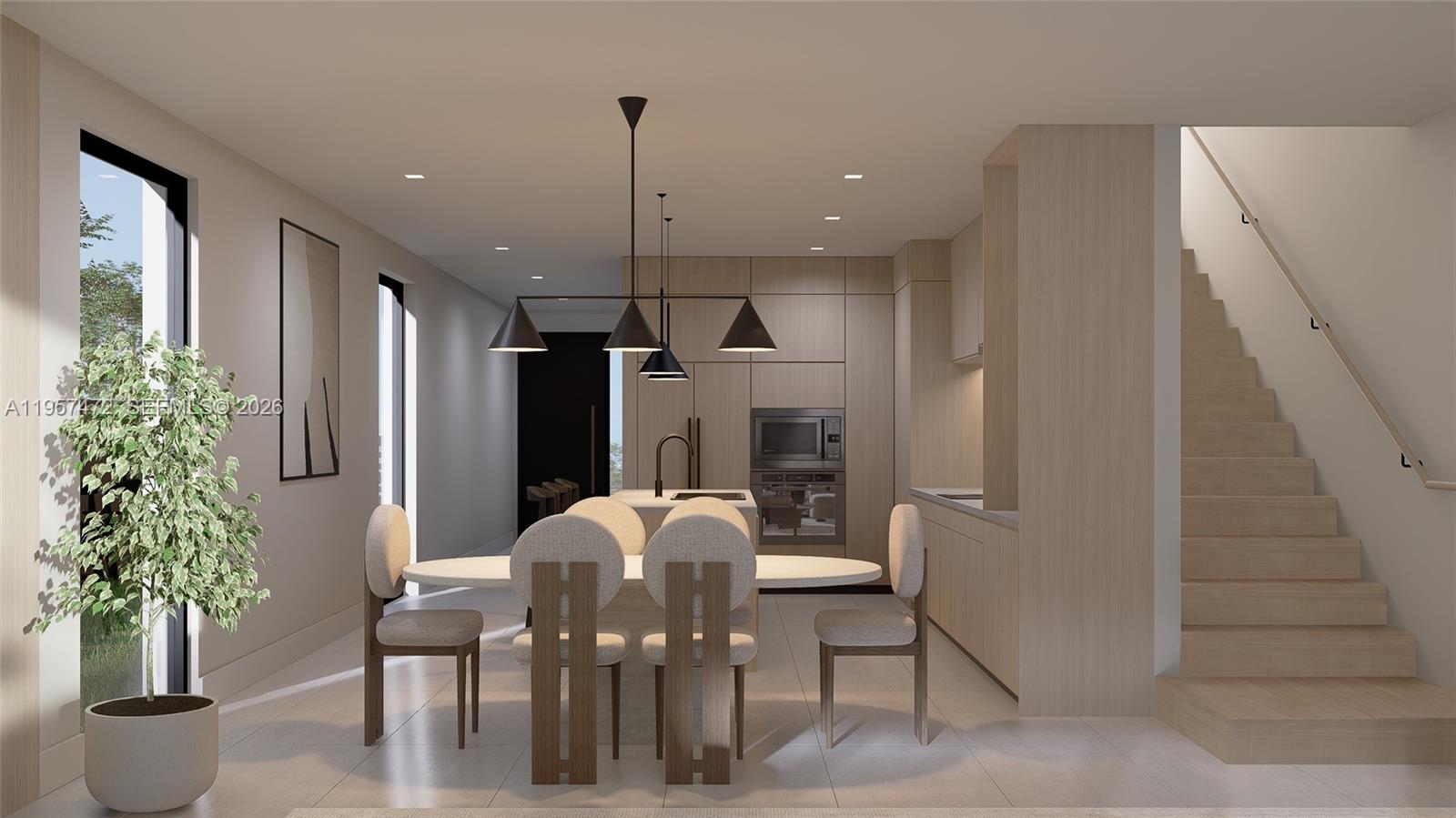 This rendering shows a modern dining area and kitchen with light wood cabinetry and stairs — 1017 SW 13th Ct, Miami FL 33135, MIAMI, FL