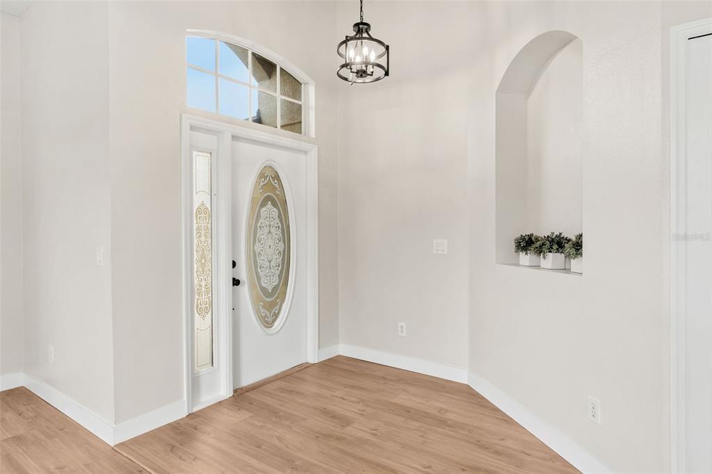 An entryway features a white front door with a decorative oval glass insert and wood-look flooring — 478 SYCAMORE SPRINGS STREET, DEBARY, FL