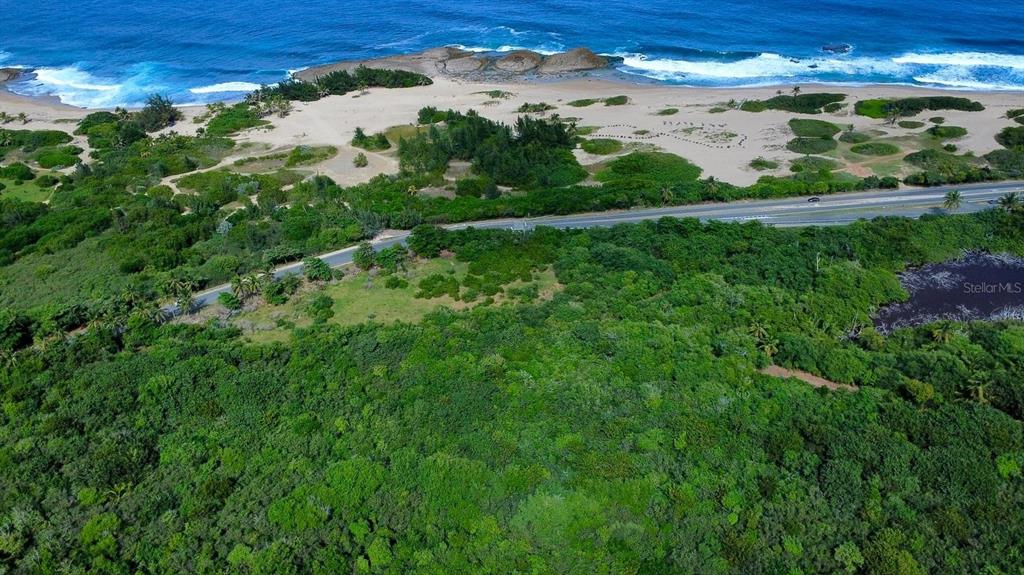An aerial view shows a coastal landscape with a road separating dense forest from sandy beaches — SR.466 KM 11.7 BAJURA WD, ISABELA, PR