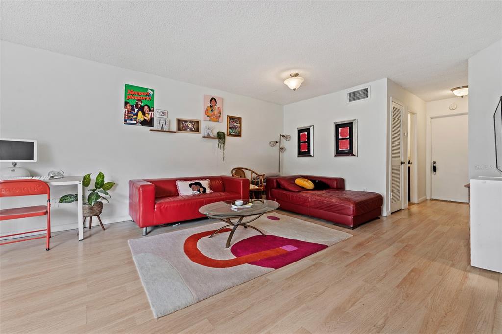 A living room features light wood flooring, two red leather sofas, and a patterned rug — 4312 LAKEWAY DRIVE UNIT 12F, ORLANDO, FL