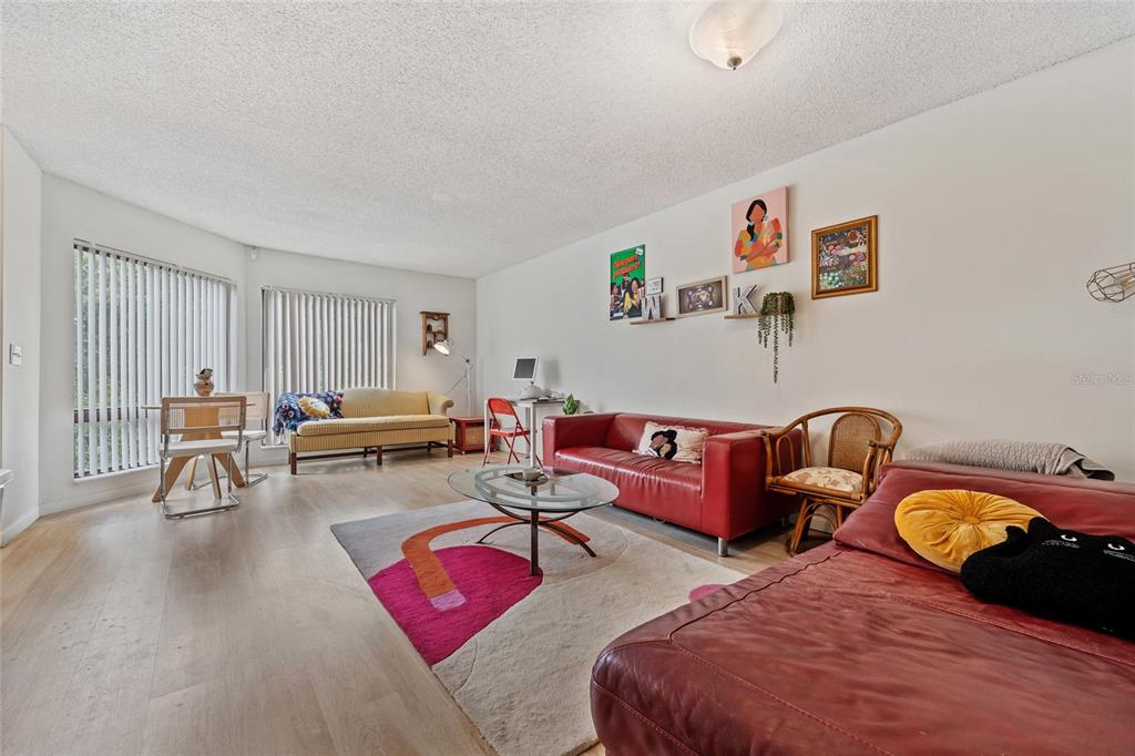 A living room features light wood flooring, a red sofa, and a colorful area rug — 4312 LAKEWAY DRIVE UNIT 12F, ORLANDO, FL