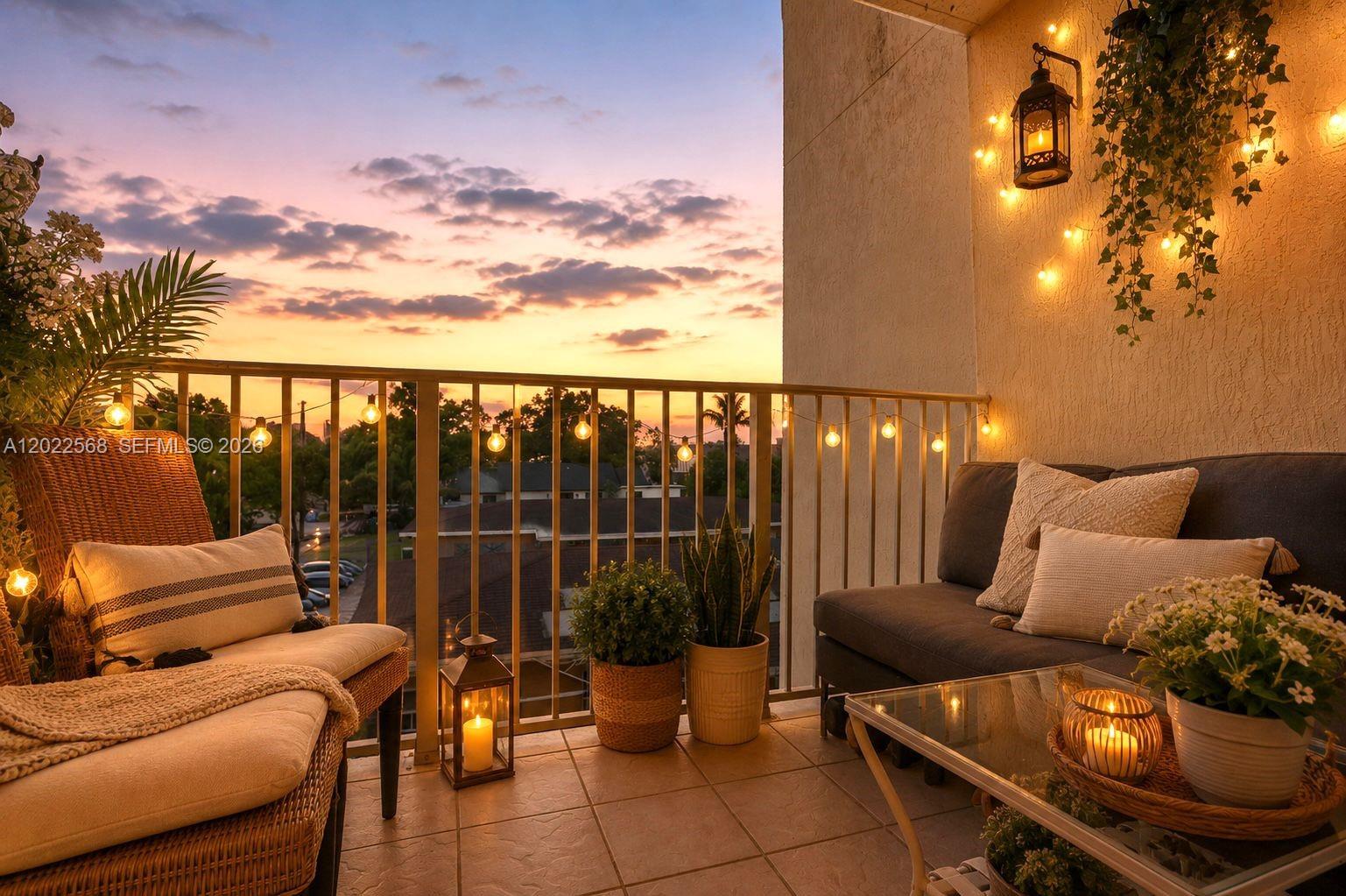 A balcony features a sofa, an armchair, potted plants, and string lights at sunset — 814 NW 36th Ave # 302, Miami FL 33125, MIAMI, FL