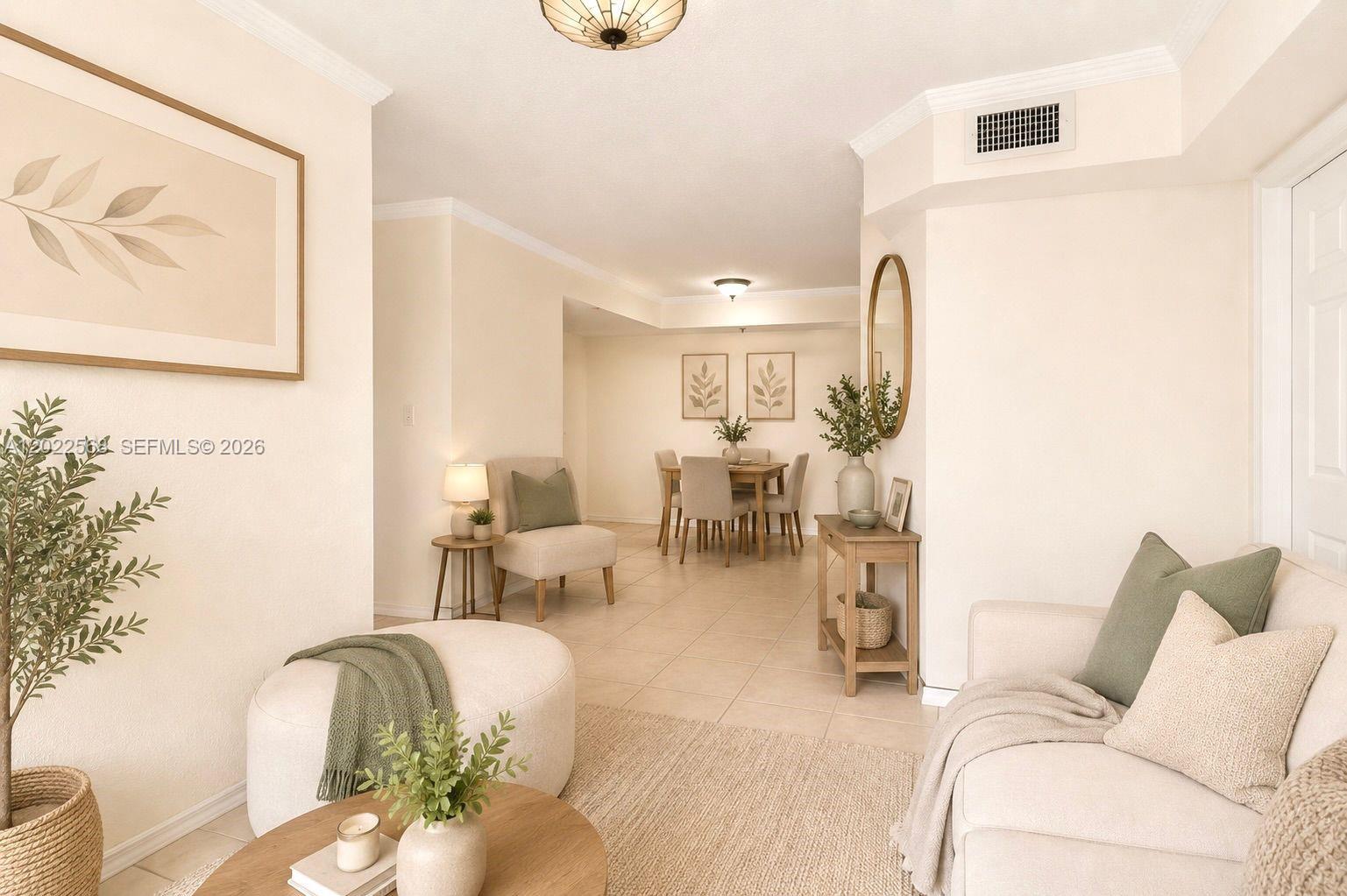 A living room and dining area feature neutral walls, tile flooring, and light-colored furniture — 814 NW 36th Ave # 302, Miami FL 33125, MIAMI, FL