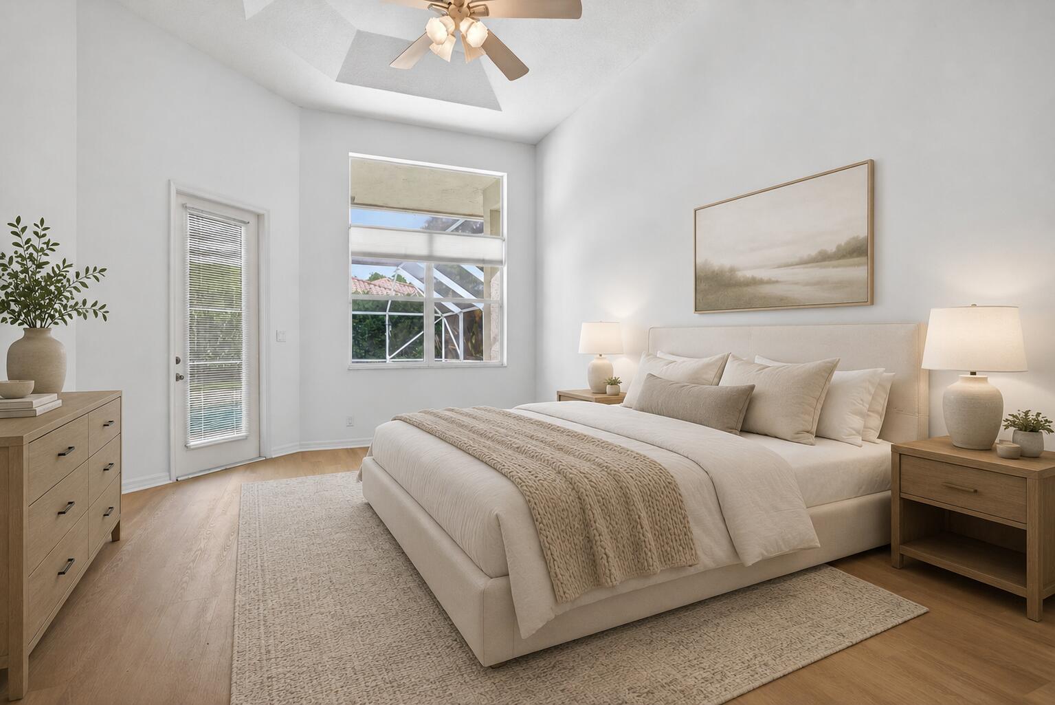 A bright bedroom features a king bed, light wood floors, a ceiling fan, and patio access — 10251 NW 62nd Drive, Parkland FL 33076, PARKLAND, FL
