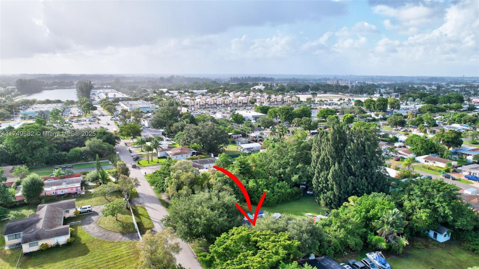 An aerial view shows a residential lot with dense trees and a red arrow pointing down — 4381 SW 51st St, Dania Beach FL 33314, DANIA BEACH, FL