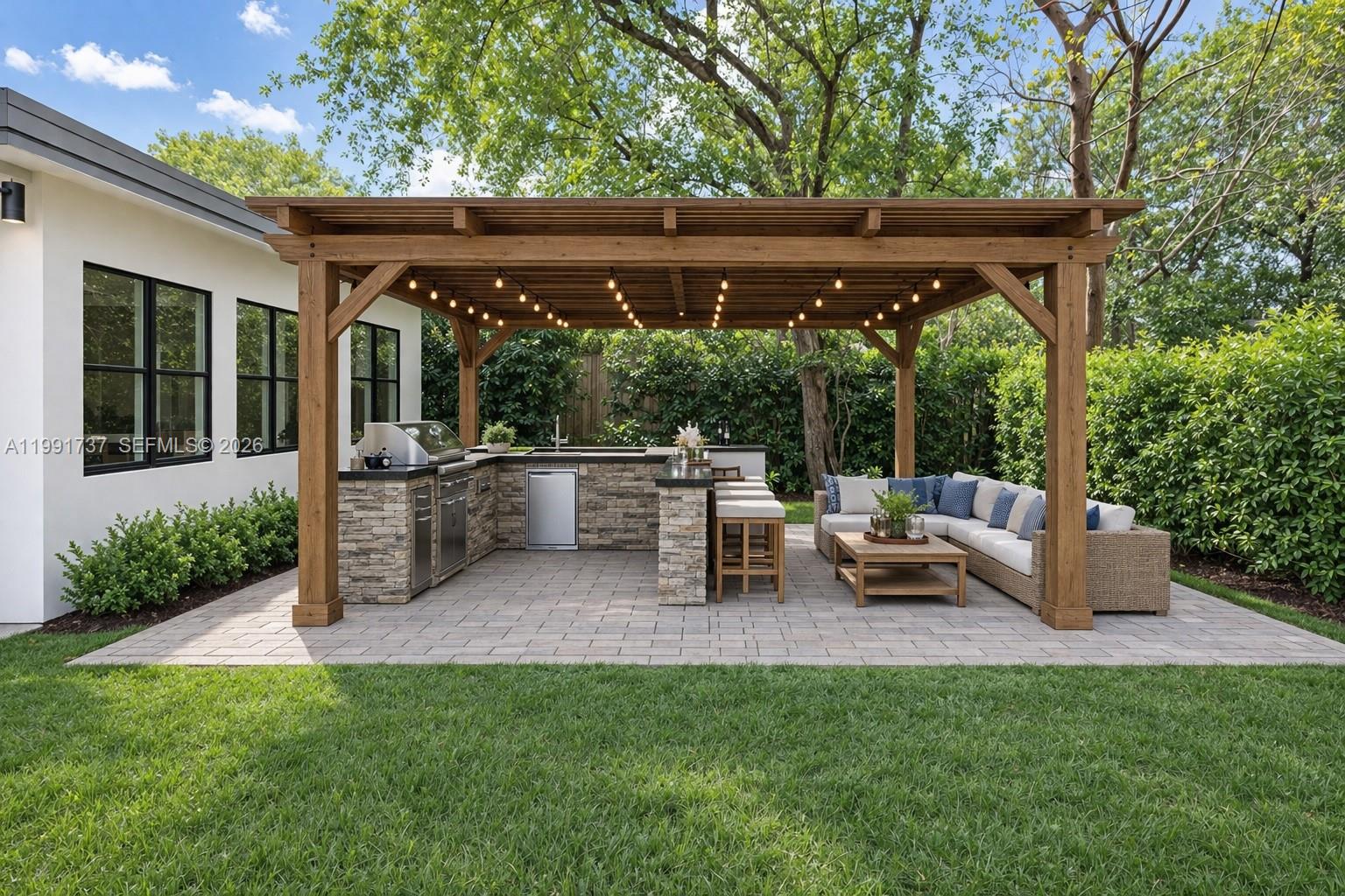 A single-story house with a backyard swimming pool and patio at sunset — 8285 SW 104th St, Miami FL 33156, MIAMI, FL