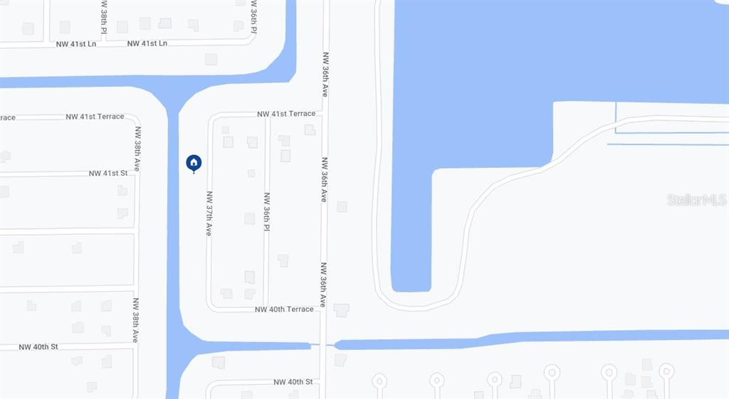 This image is a map showing residential streets and a large body of water — 4042 NW 37TH AVENUE, CAPE CORAL, FL