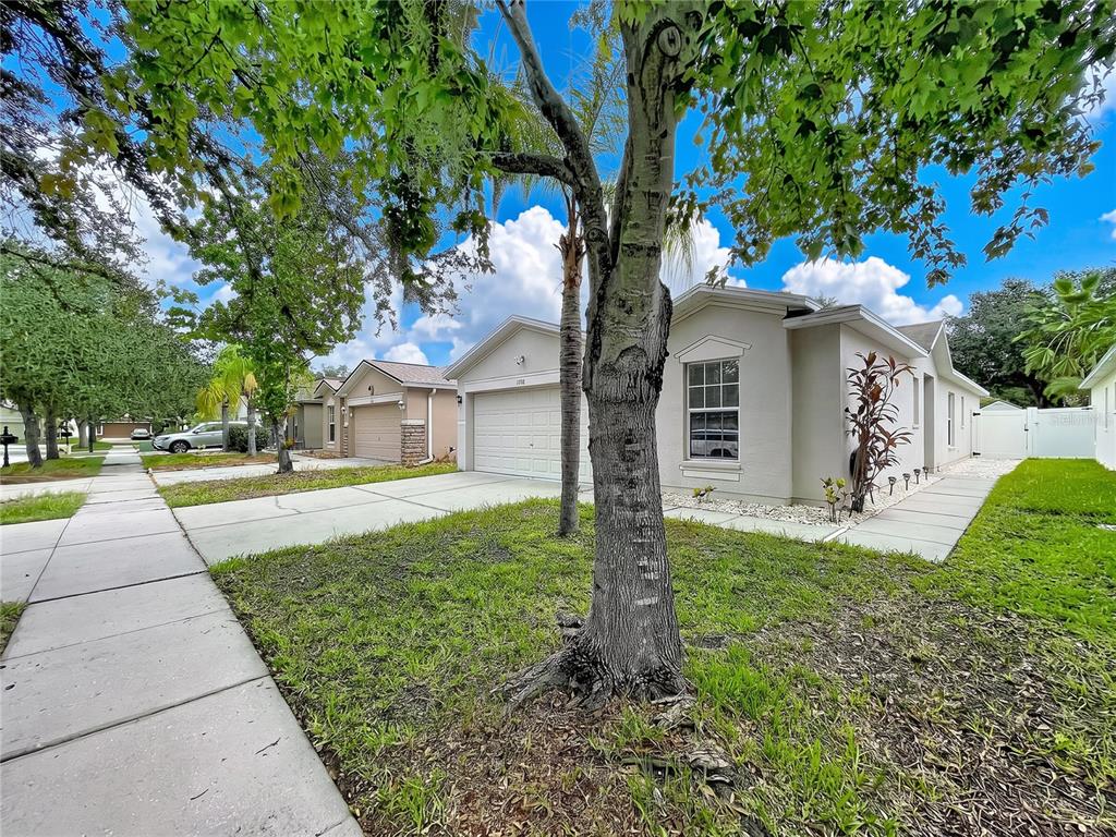 A beige single-story house with a two-car garage and a large tree in the front yard — 7710 CARRIAGE POINTE DRIVE, GIBSONTON, FL