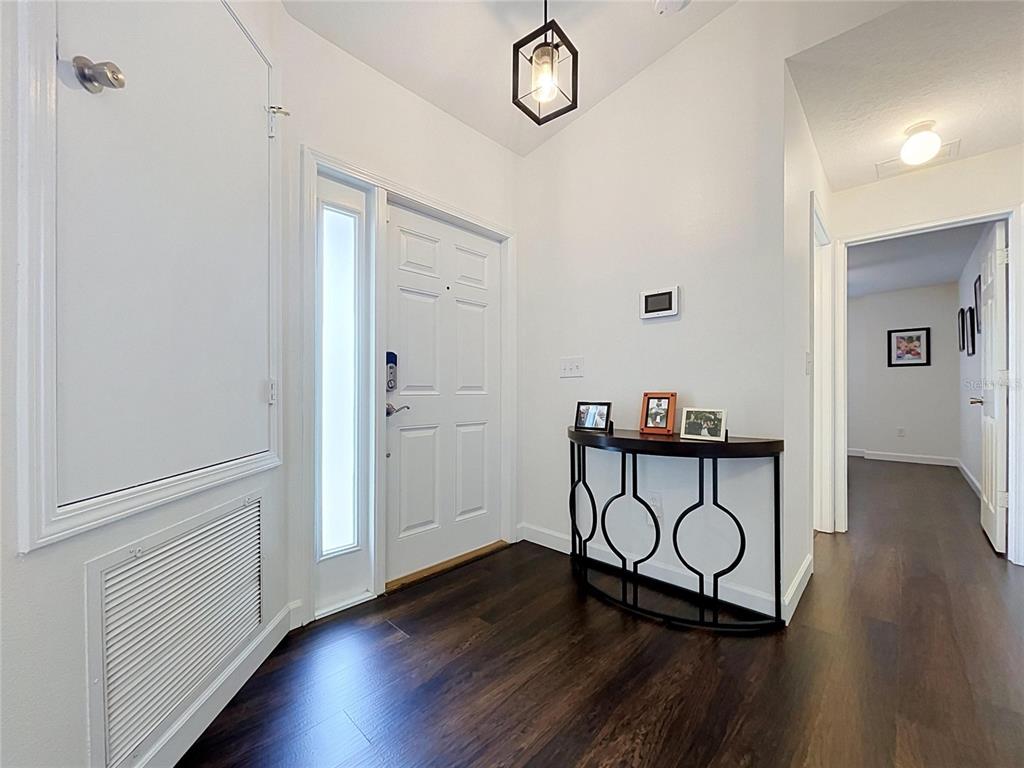 An entryway features dark wood flooring, a white front door, and a black metal console table — 7710 CARRIAGE POINTE DRIVE, GIBSONTON, FL