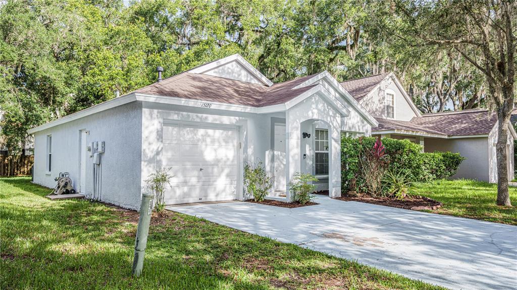 A white single-story house with a one-car garage and a concrete driveway — 15120 DEER MEADOW DRIVE, LUTZ, FL