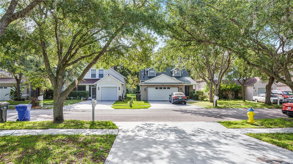 A street view shows two suburban houses with driveways and mature trees under a sunny sky — 15120 DEER MEADOW DRIVE, LUTZ, FL