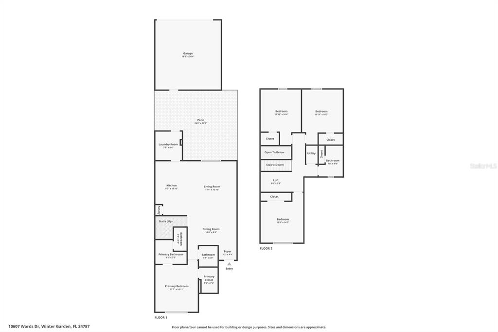This is a two-story floor plan showing the layout of a residential home — 10607 WORDS DRIVE, WINTER GARDEN, FL