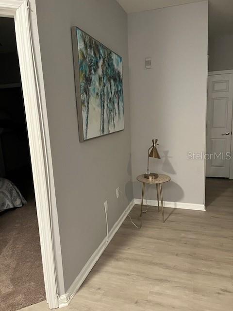 A hallway features light gray walls, wood-look flooring, a palm tree painting, and a small table — 10764 70TH AVENUE UNIT 1106, SEMINOLE, FL