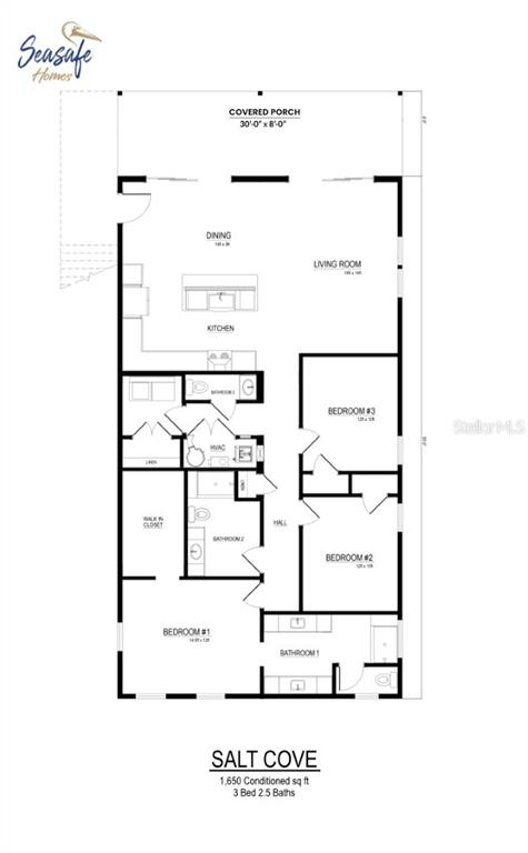 This is a floor plan for a three-bedroom, 2.5-bathroom home named Salt Cove — 108 125TH AVENUE, TREASURE ISLAND, FL