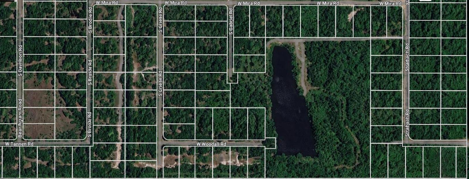 This is a satellite map view of a wooded residential area featuring a central lake — 3000 W Woodall Road, FL 33825, FL