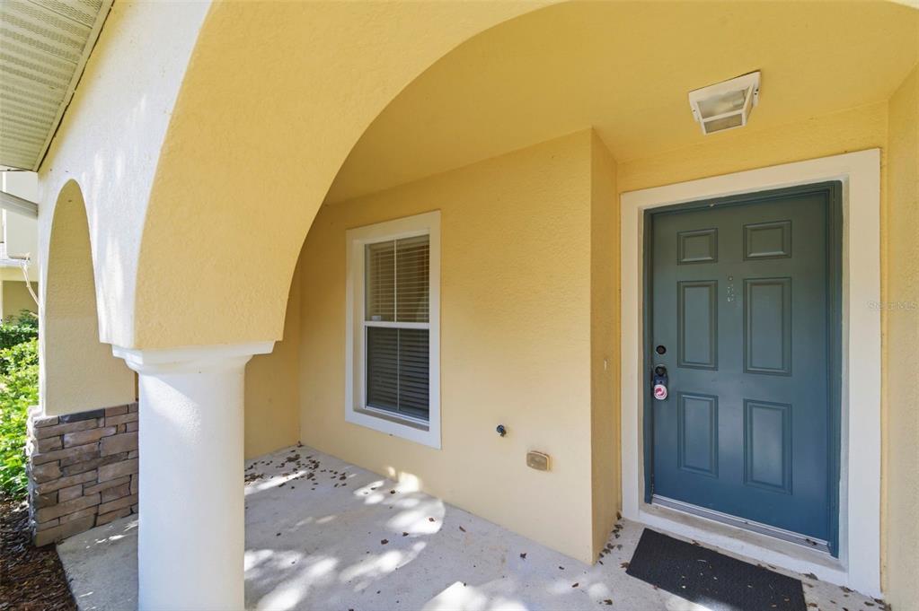 A covered entryway features a blue front door, a window, and a white column — 6811 DARTMOUTH HILL STREET, RIVERVIEW, FL