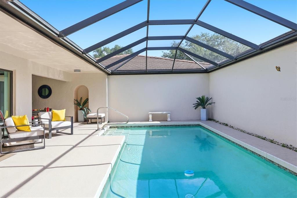 A screened-in patio features a rectangular swimming pool with a shallow entry step — 3615 GLEN OAKS MANOR DRIVE, SARASOTA, FL