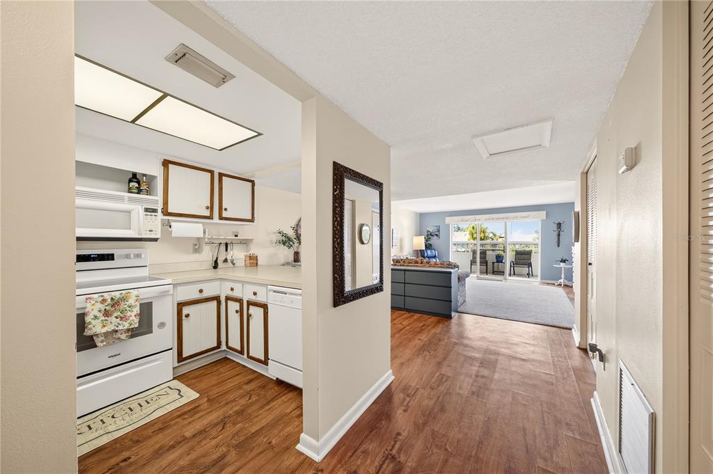 A kitchen with white appliances and wood-look flooring opens into a bright, carpeted living area — 601 N MCDONALD STREET UNIT 2, MOUNT DORA, FL