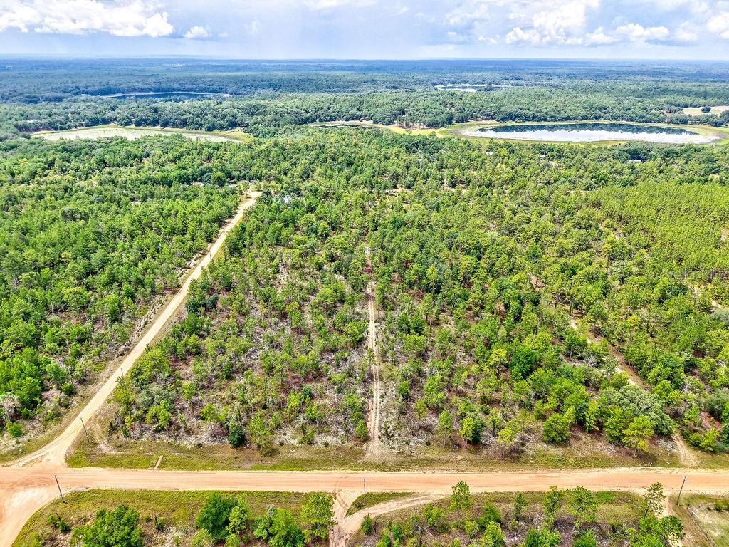 An aerial view shows a wooded plot of land with dirt roads and a nearby lake — 3011 MAIN STREET, HAWTHORNE, FL