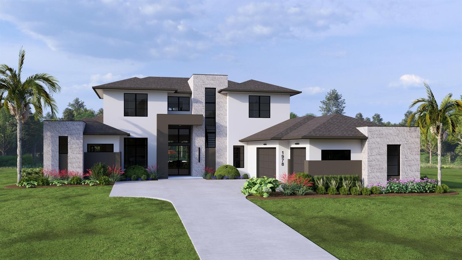 This is a rendering of a modern two-story house with white stucco and stone exterior — 2660 Riverview Court, Vero Beach FL 32963, VERO BEACH, FL