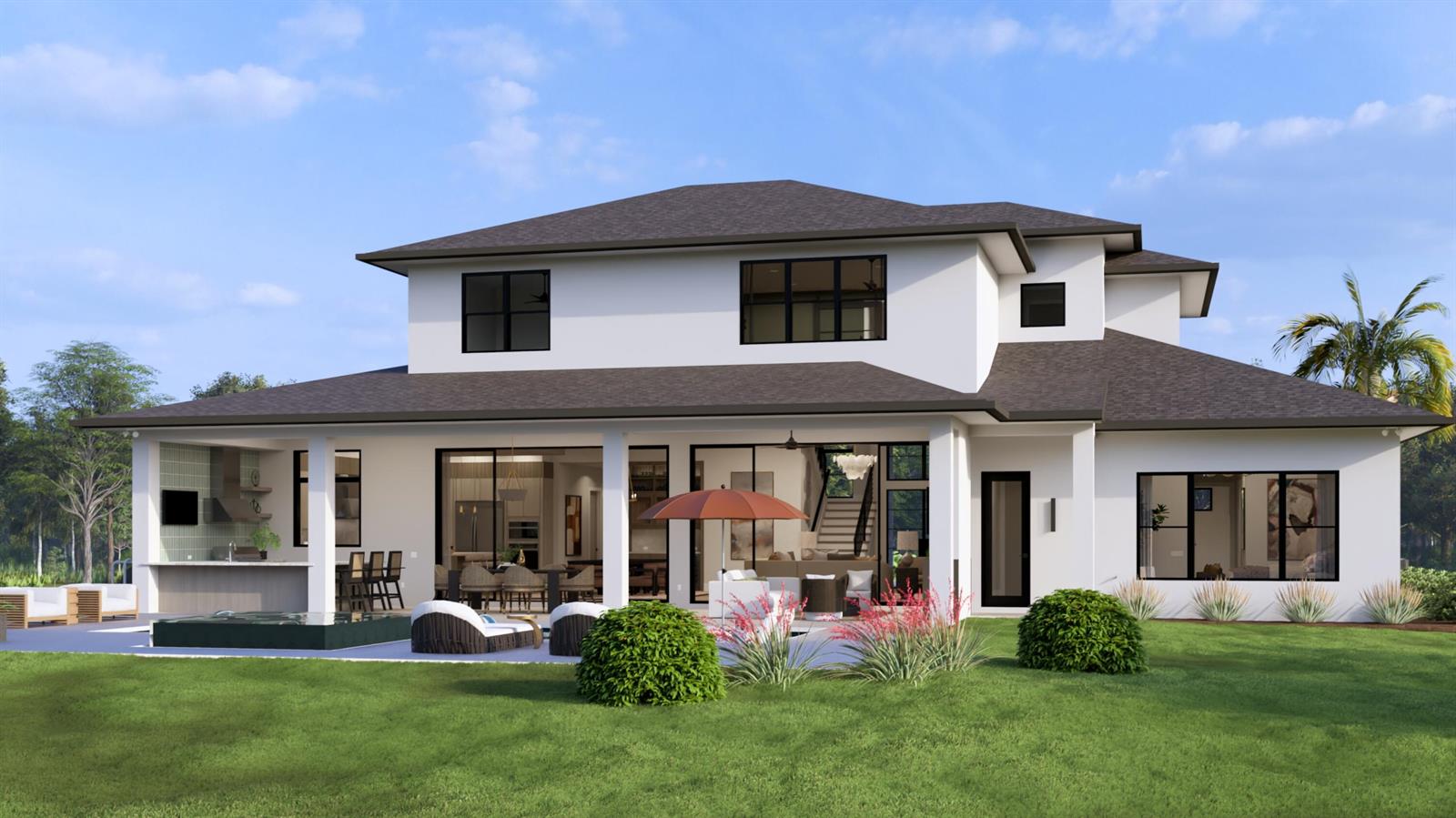 This is a digital rendering of the rear exterior of a two-story modern white house — 2660 Riverview Court, Vero Beach FL 32963, VERO BEACH, FL