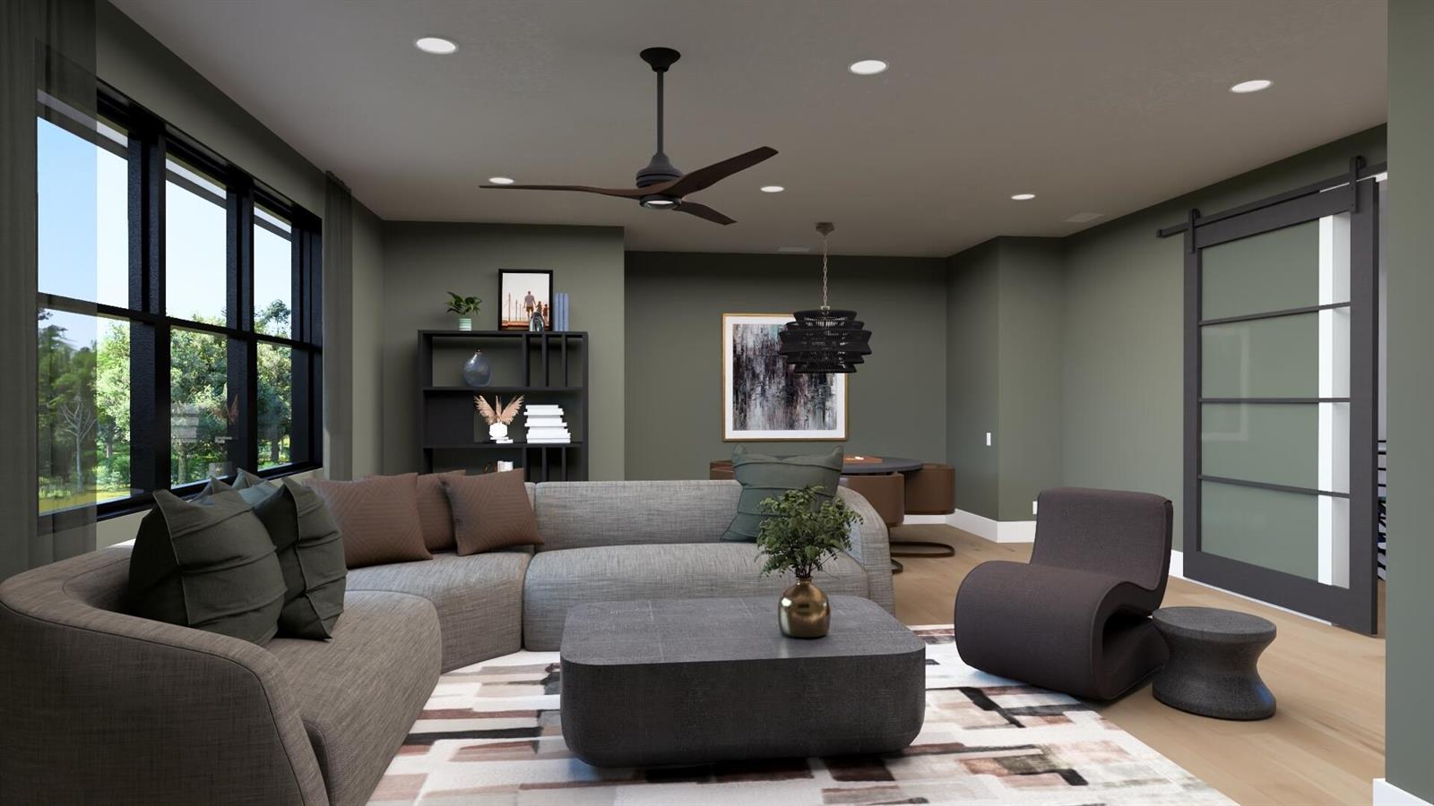 This rendering shows a modern living room with a gray sectional, dark accents, and sage walls — 2660 Riverview Court, Vero Beach FL 32963, VERO BEACH, FL