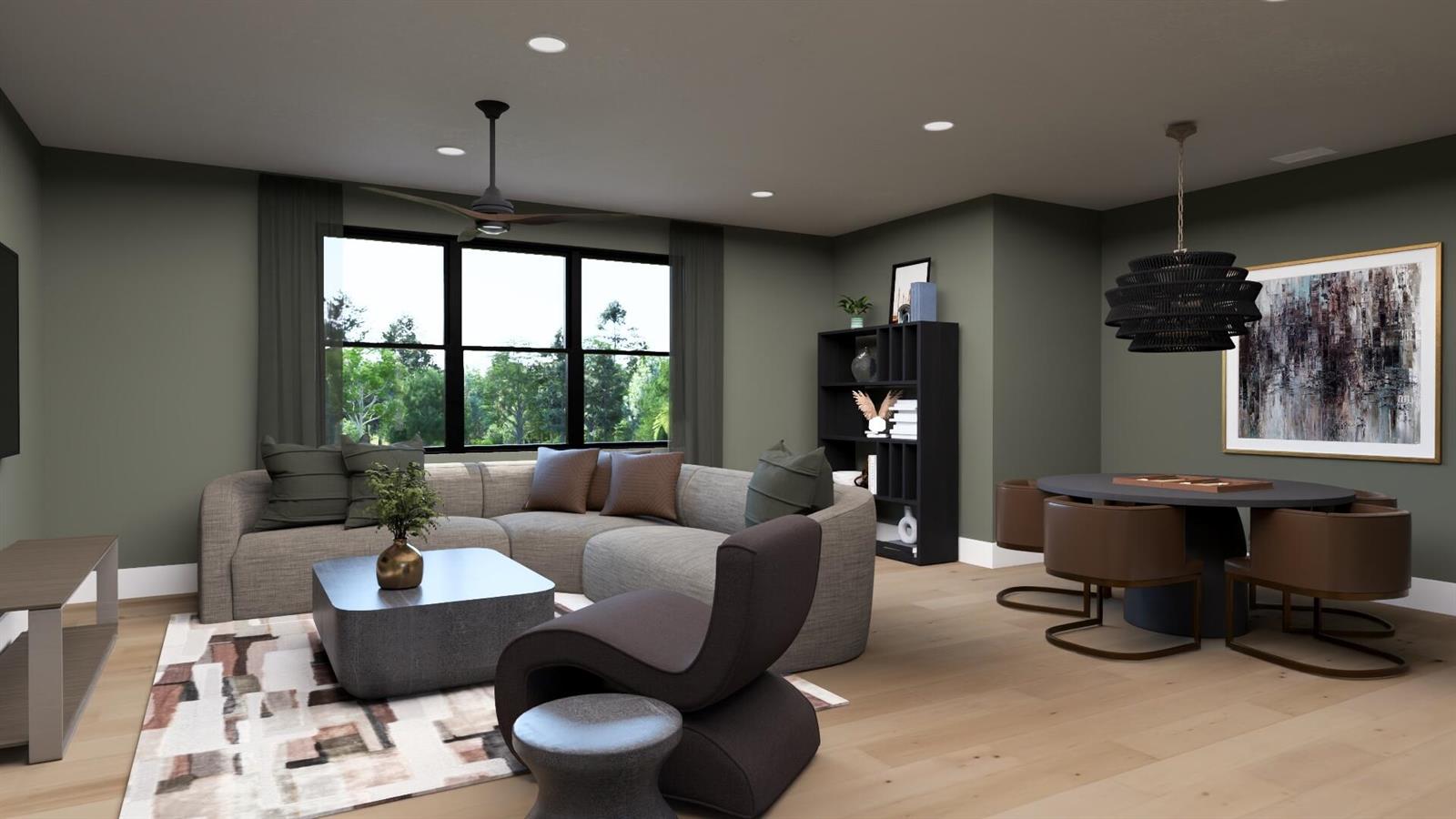 This rendering shows a modern living and dining area with sage green walls and furniture — 2660 Riverview Court, Vero Beach FL 32963, VERO BEACH, FL