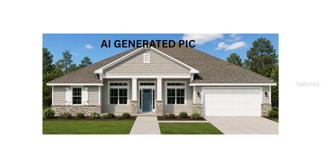 This is an AI-generated rendering of a single-story suburban house with a two-car garage — 149 SW BELLFLOWER DRIVE, LAKE CITY, FL