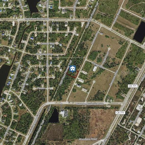 This is an aerial map showing a vacant lot highlighted in red near Cape Haze Pioneer Trail — 17 DONLON DRIVE, ROTONDA WEST, FL