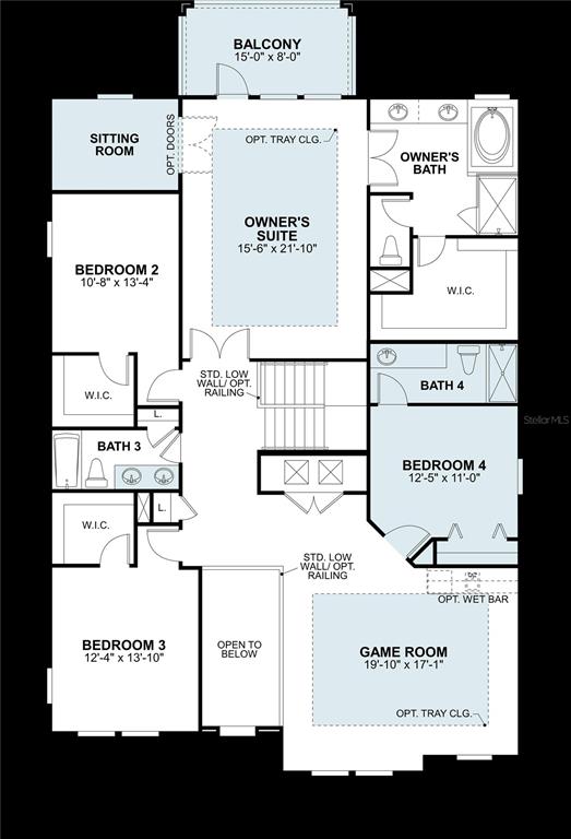 This floor plan shows the upper level of a house with four bedrooms and a game room — 1748 SUTTONSET TRAIL, ZEPHYRHILLS, FL