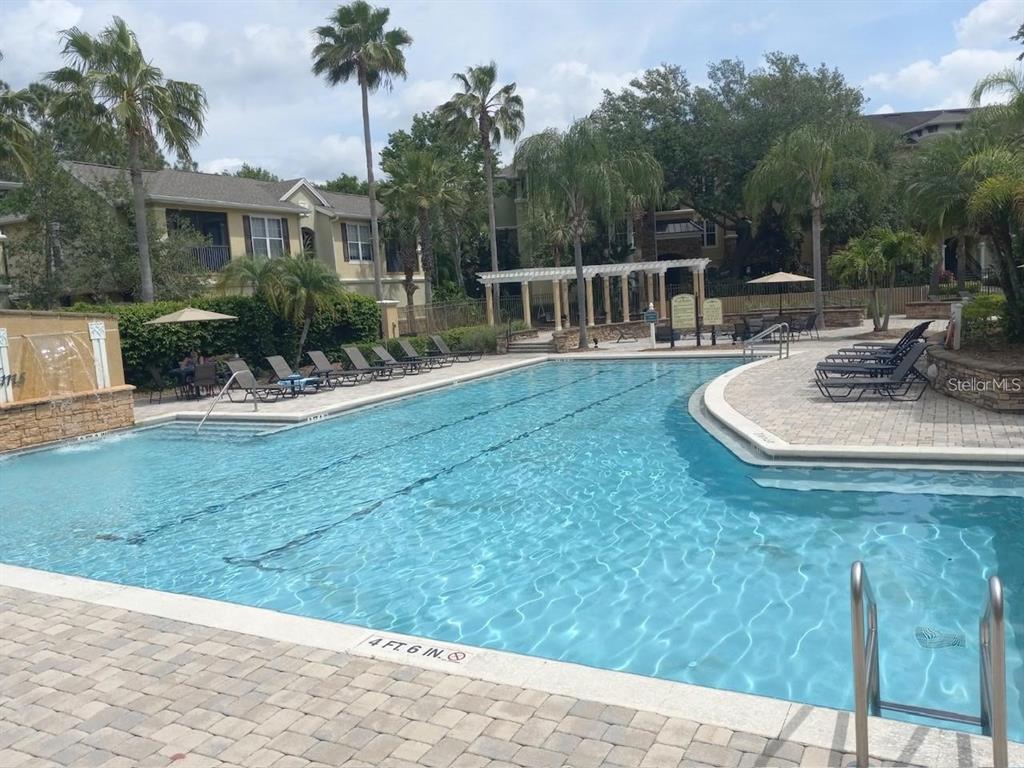 An outdoor swimming pool with lounge chairs and palm trees at an apartment complex — 10025 COURTNEY PALMS BOULEVARD UNIT 204, TAMPA, FL