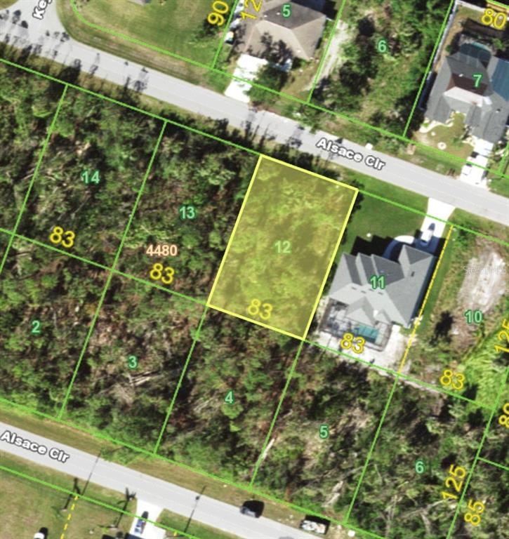 This is a satellite map view showing a highlighted vacant residential lot among developed properties — 15373 ALSACE CIRCLE, PORT CHARLOTTE, FL