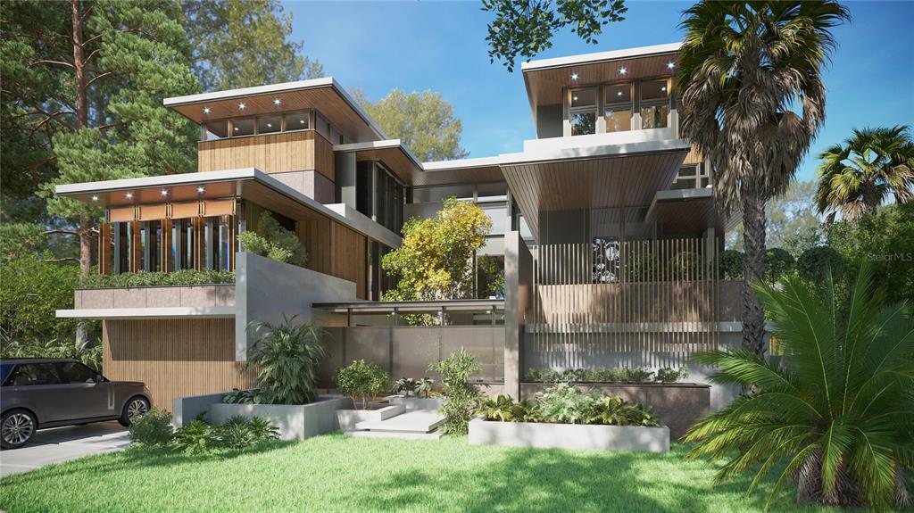 This is a rendering of a modern multi-story home with wood siding and concrete accents — 214 BLANCA AVENUE, TAMPA, FL