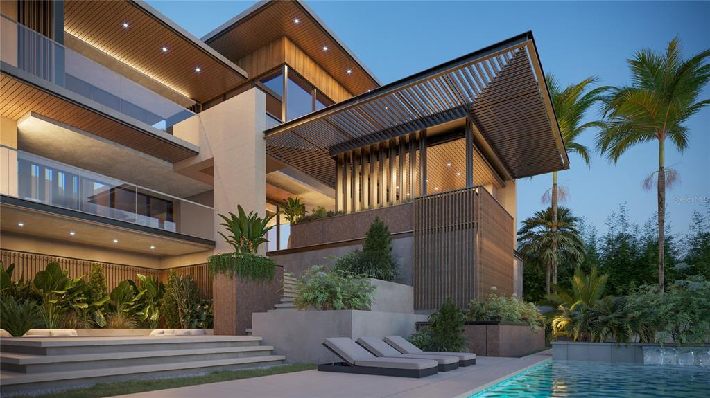 This architectural rendering shows a modern multi-story home with a pool, patio, and wooden accents — 214 BLANCA AVENUE, TAMPA, FL